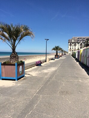 A coastal road with a palm tree, street lamps, and colorful beach huts. - ~ Waterfront ~ sea view ~ direct beach / spa access at 20m ~ @ (Donville-Les-Bains)