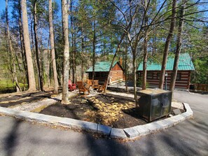 Eine rustikale Holzhütte mit grüner Dachdeckung, umgeben von hohen Bäumen und einer gepflasterten Fläche mit Holzstühlen und -bänken.
