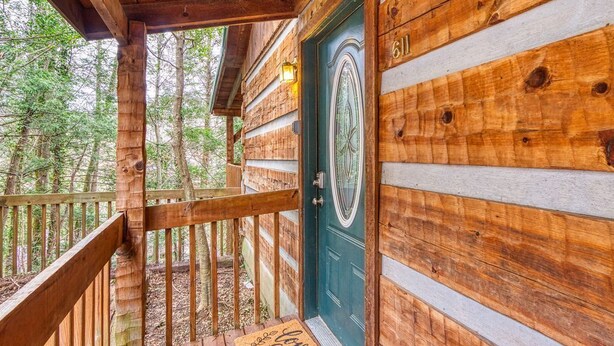 Une cabane en bois avec une porte verte, une terrasse en bois et une vue sur la forêt.