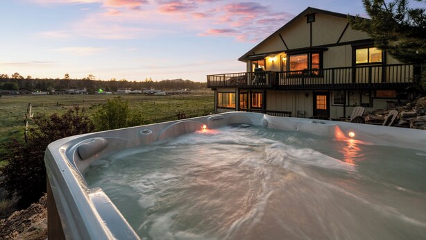 Outdoor spa tub - Private Hot Tub! Game Room! Close to Slopes! Bright & open Amazing Views! (Big Bear City)