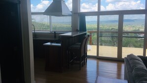 Zona d'estar àmplia amb un gran finestral corredís que dona a un balcó i una vista panoràmica.