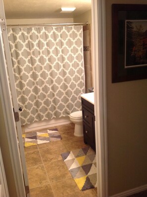Combined shower/tub, hair dryer, towels, soap