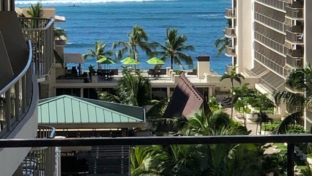 Un hotel con vista al océano, palmeras y un bar.