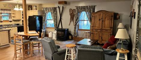 Smart TV, fireplace, books