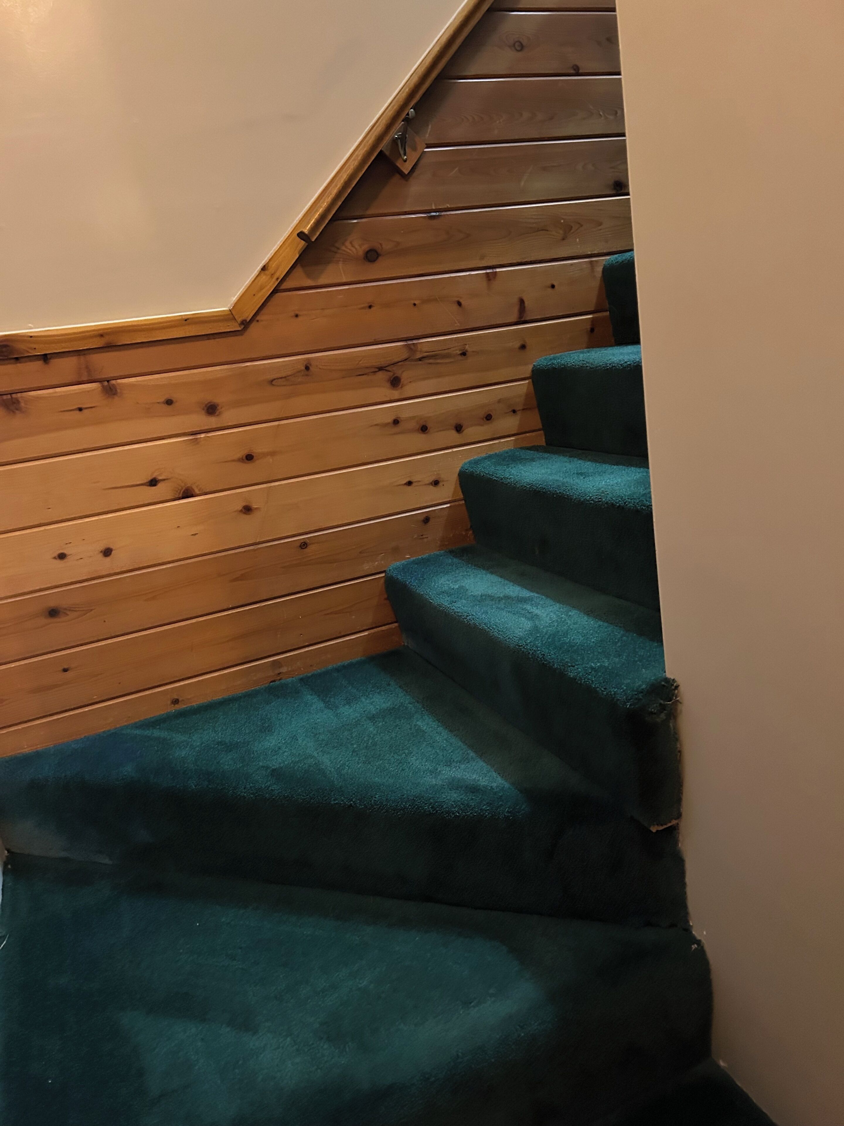 A wooden staircase with blue carpeted steps leading to a landing.