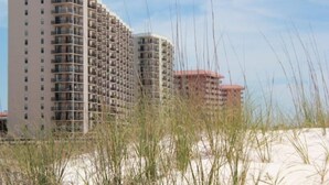 A high-rise hotel with multiple floors, a beach view, and a sandy foreground. - Phoenix VII 71113 by ALBVR - Upgraded Beautiful Beachfront Condo Could be Yours! (Orange Beach)