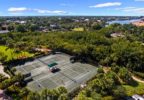An aerial view of a tennis court surrounded by lush greenery and a residential area with houses and a body of water in the background.