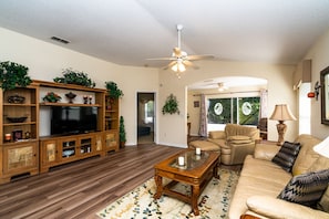 Smart TV, DVD player, music library, stereo