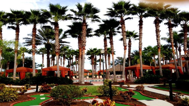 Een resort met palmbomen, rode parasols en een golfbaan.