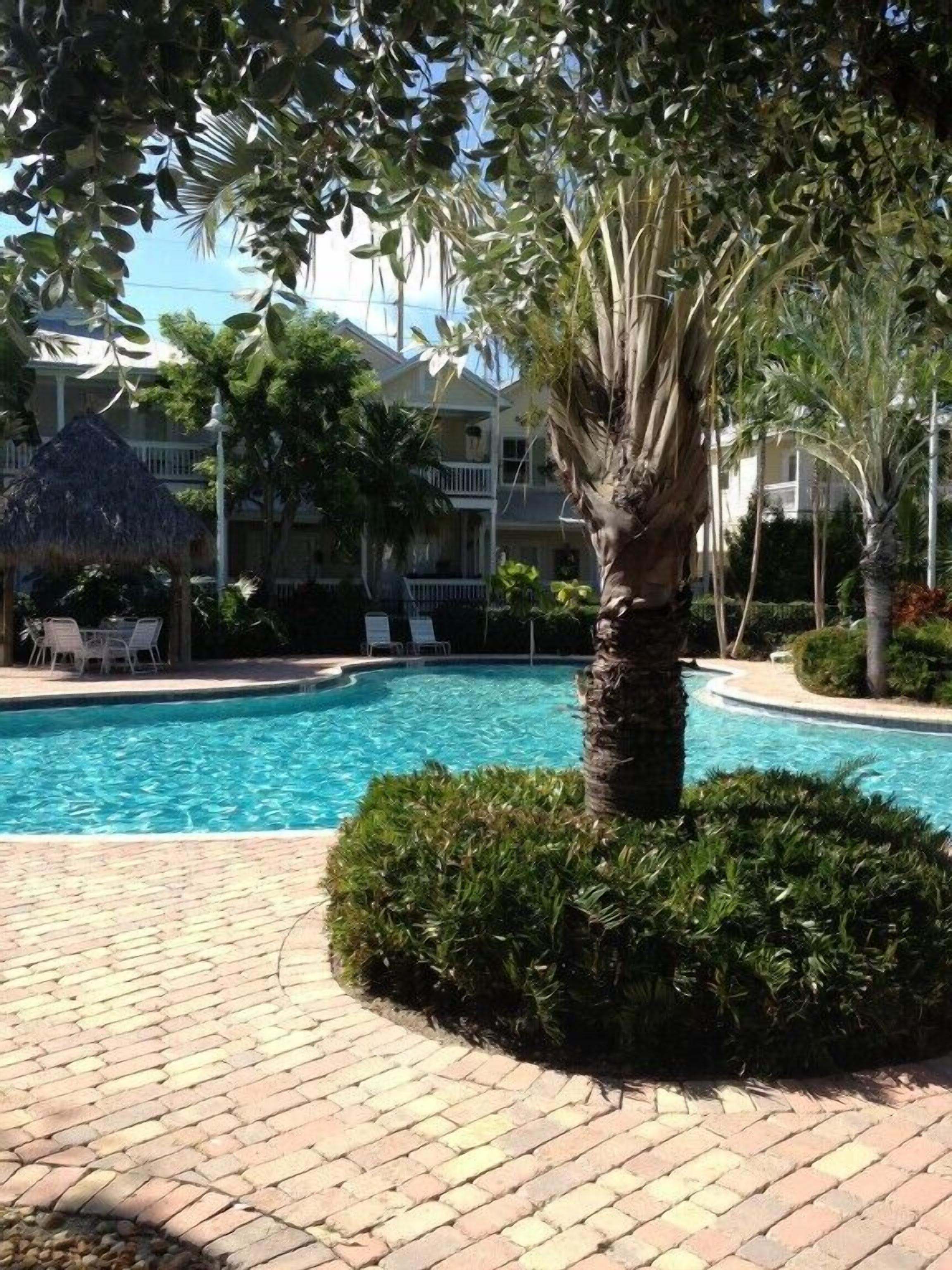 A swimming pool surrounded by a brick pathway, palm trees, and a thatched umbrella.