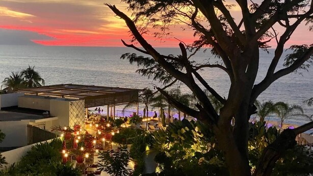Terraço no telhado com vista para o oceano ao pôr do sol, rodeado por vegetação exuberante e palmeiras.