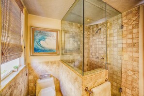 Combined shower/tub, hair dryer, towels, toilet paper