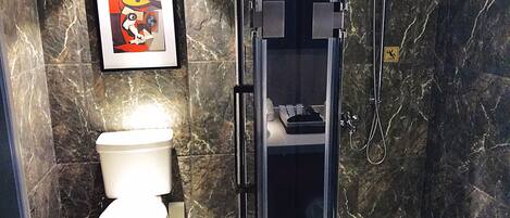 A bathroom with a toilet, a shower, and a marble wall.
