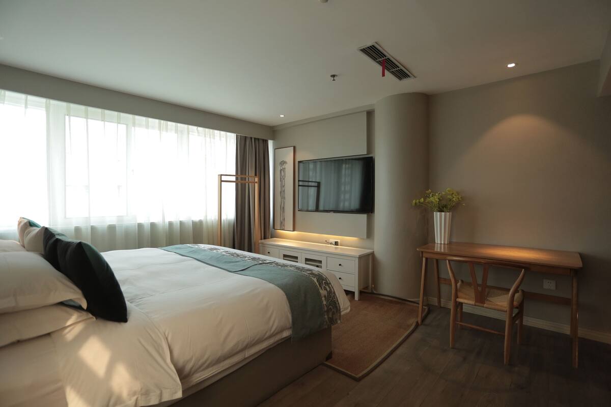 Habitació d'hotel moderna amb un llit gran, un escriptori, una televisió de pantalla plana i una planta en test.