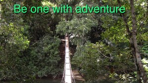A suspension bridge in a forested area with a river below. - Sunset Beach "B1" - Beachfront At Its Best Plus Pool, Kayaks, Bikes & More 🏖 (San Pedro Town)