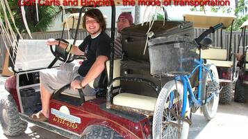 A golf cart with a blue bicycle attached to the back.