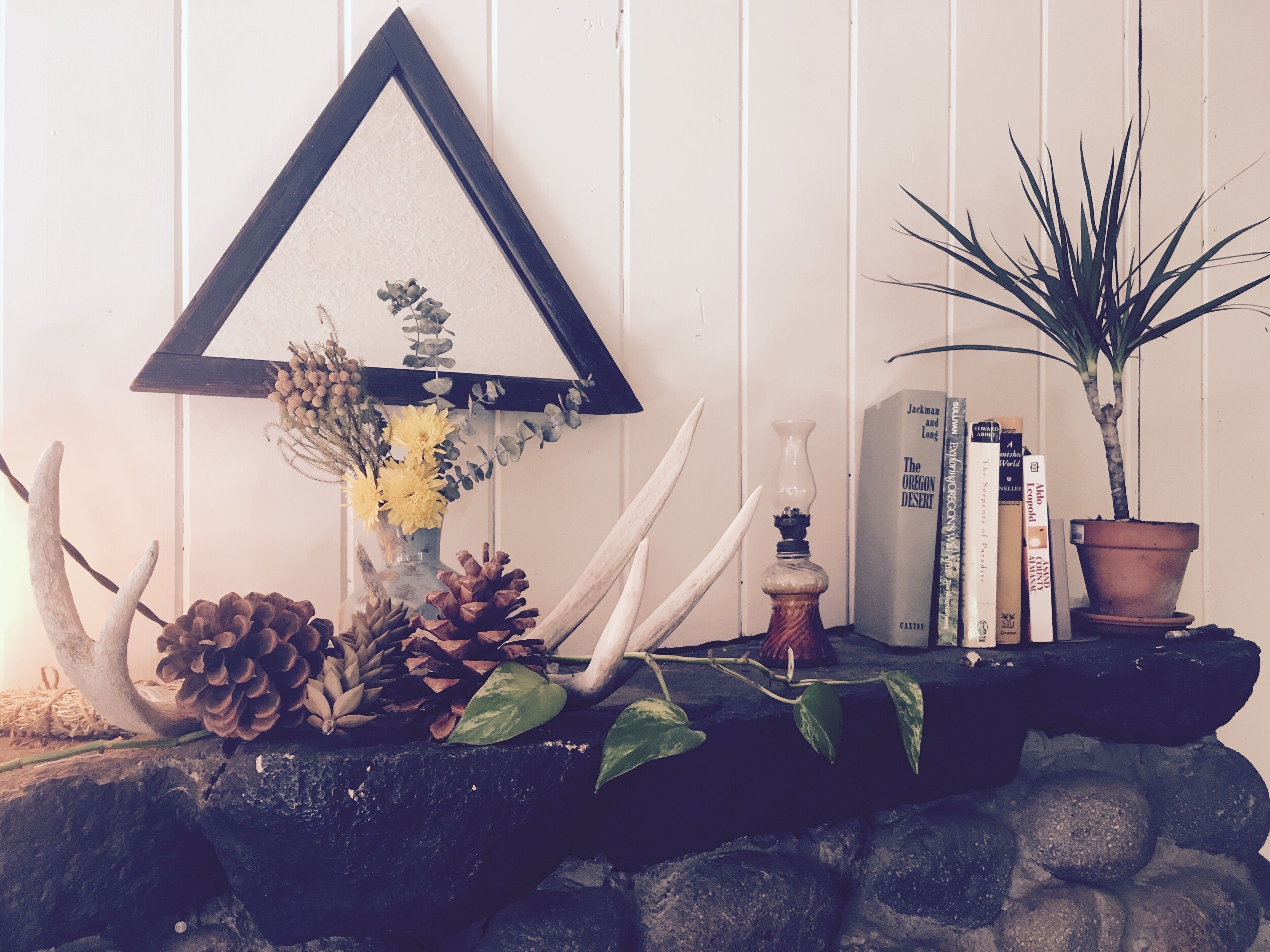 A decorative shelf with a triangular mirror, pinecones, a vase with yellow flowers, and a potted plant.