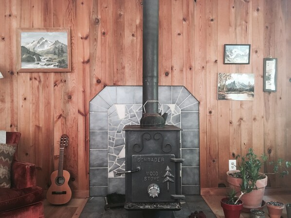 A wood-burning stove with a chimney, a guitar, and framed pictures on a wooden wall.