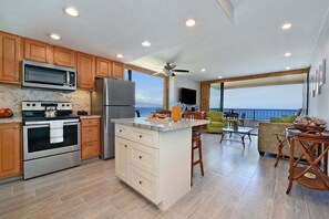 Fridge, microwave, oven, stovetop - Maui Kai 601 Remodeled Oceanfront Condo w AC Pool, Stunning Views (Lahaina)