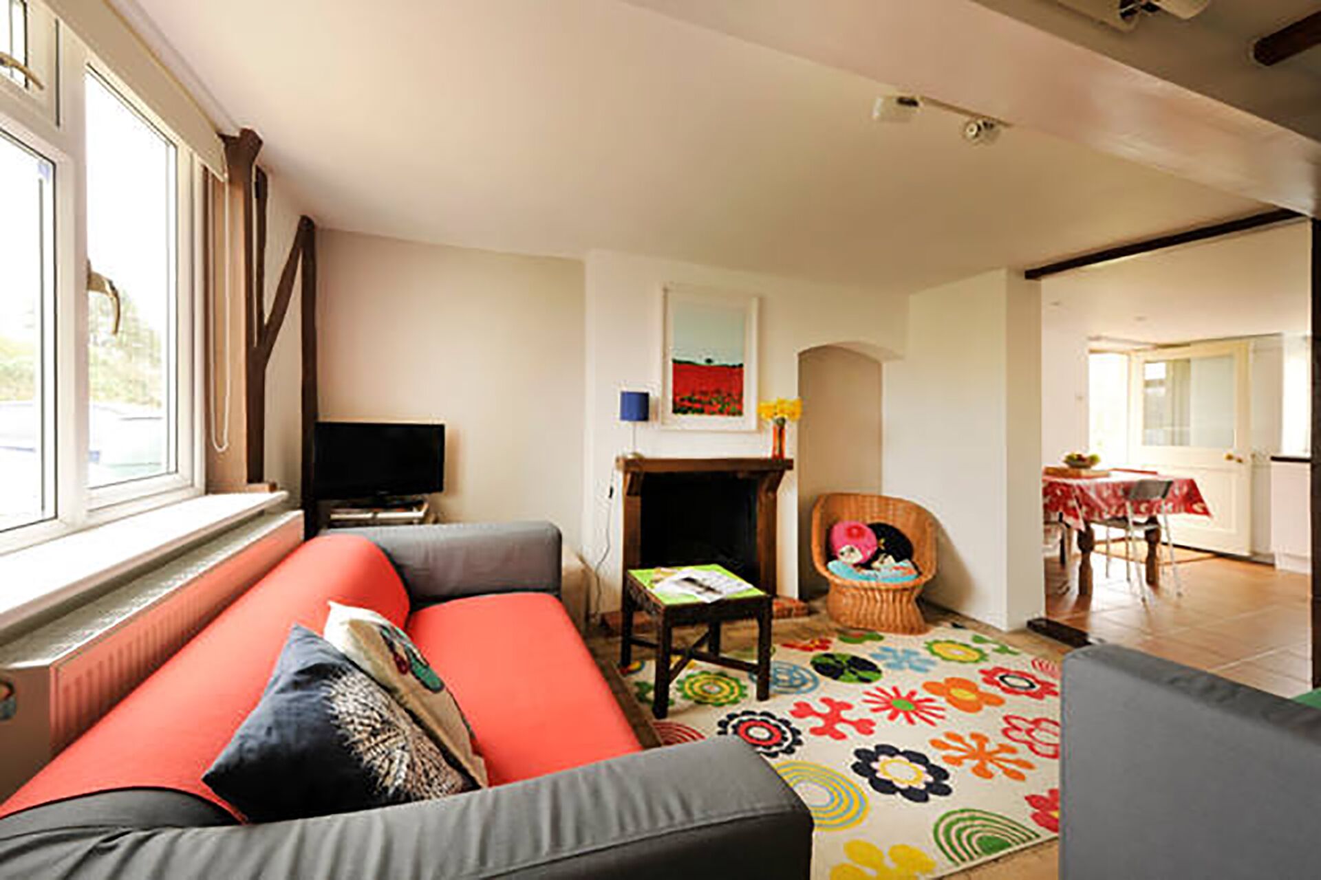 Een woonkamer met een bank, een televisie, een open haard, een eethoek en een kleurrijk vloerkleed.