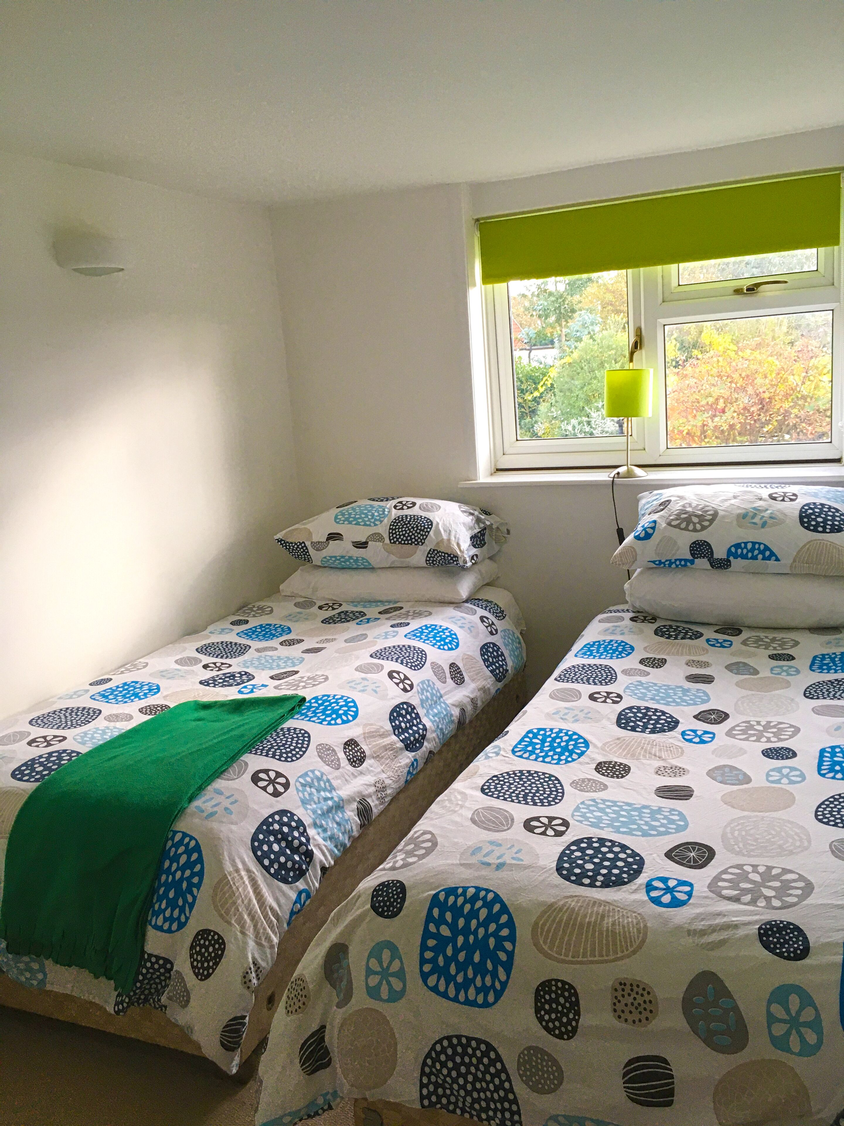 A bedroom with two single beds, a window with a green blind, and a bedside lamp.