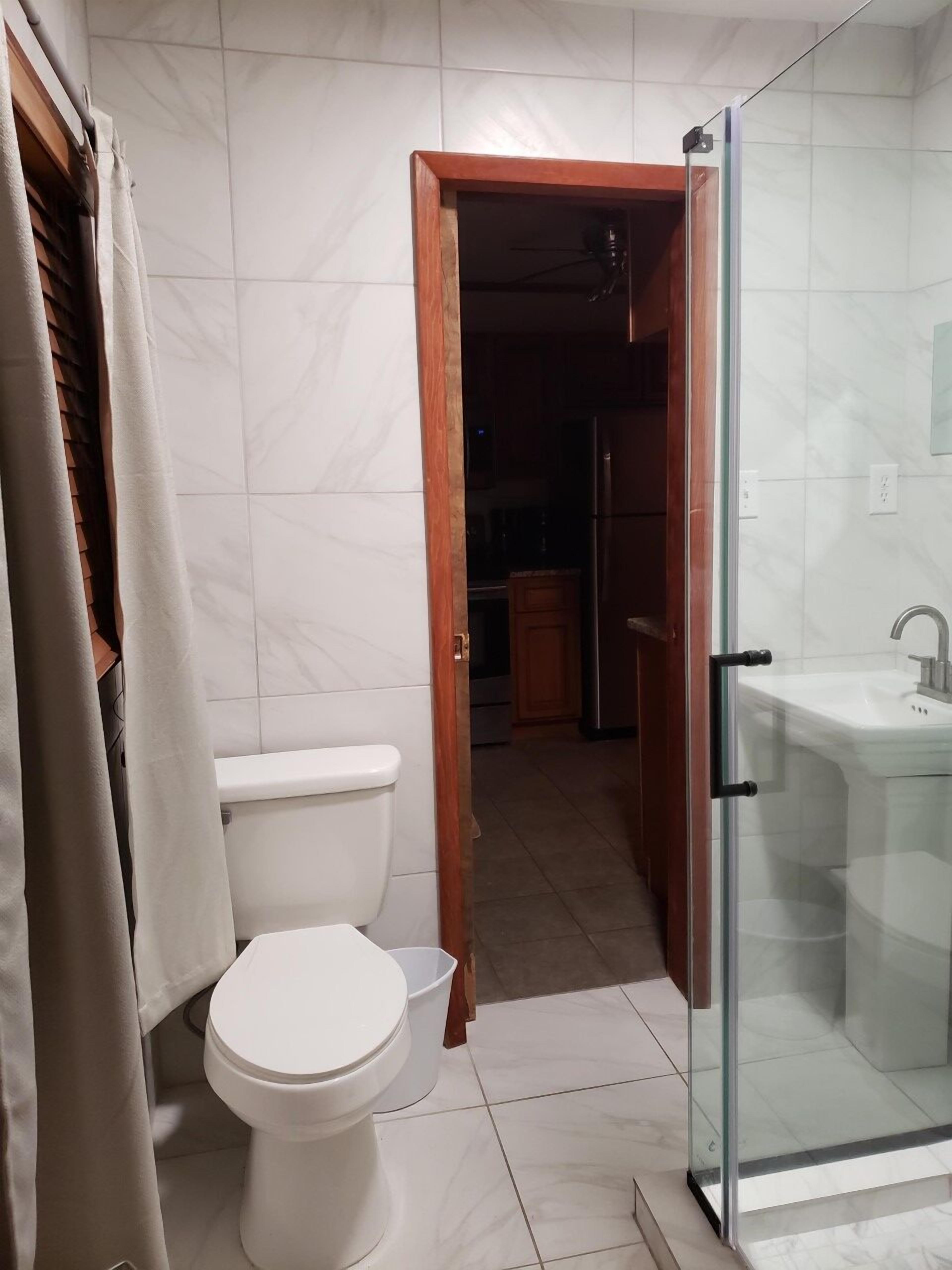 Une salle de bain comprenant des toilettes, une douche en verre et un lavabo.