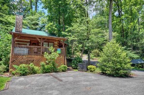 A rustic cabin with a green roof, surrounded by dense forest.