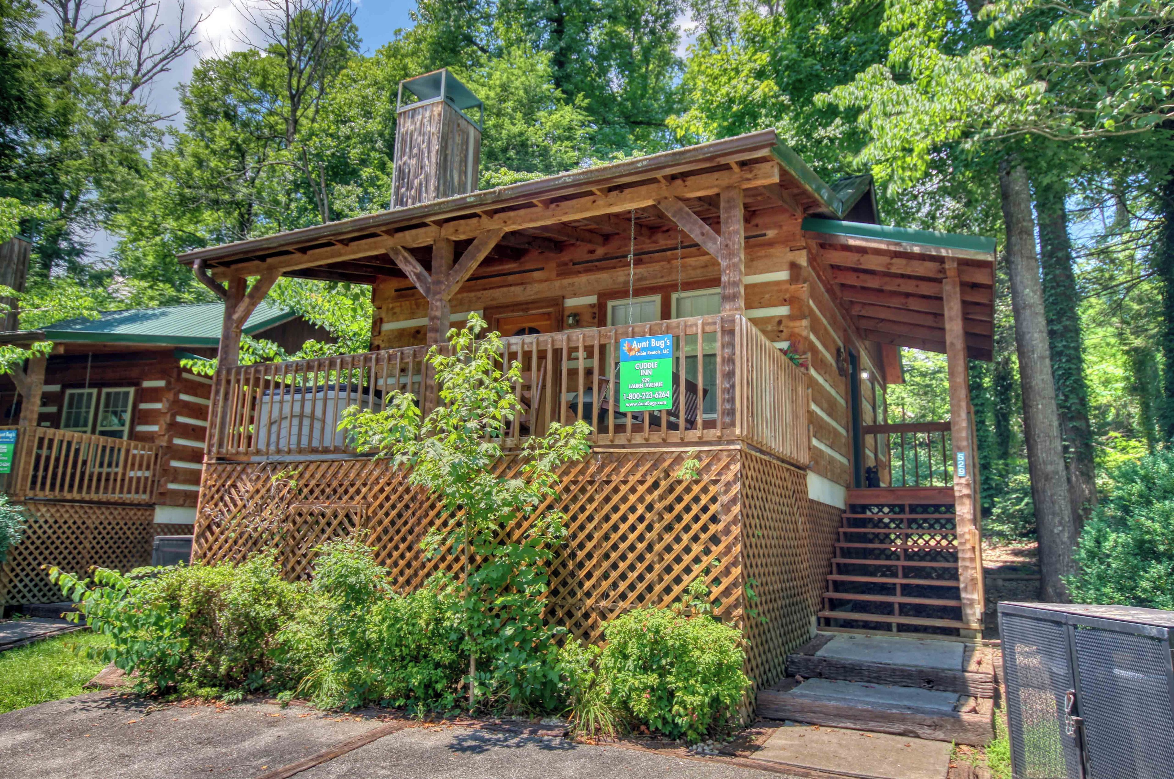 A rustic wooden cabin with a covered porch and a chimney, surrounded by lush greenery.