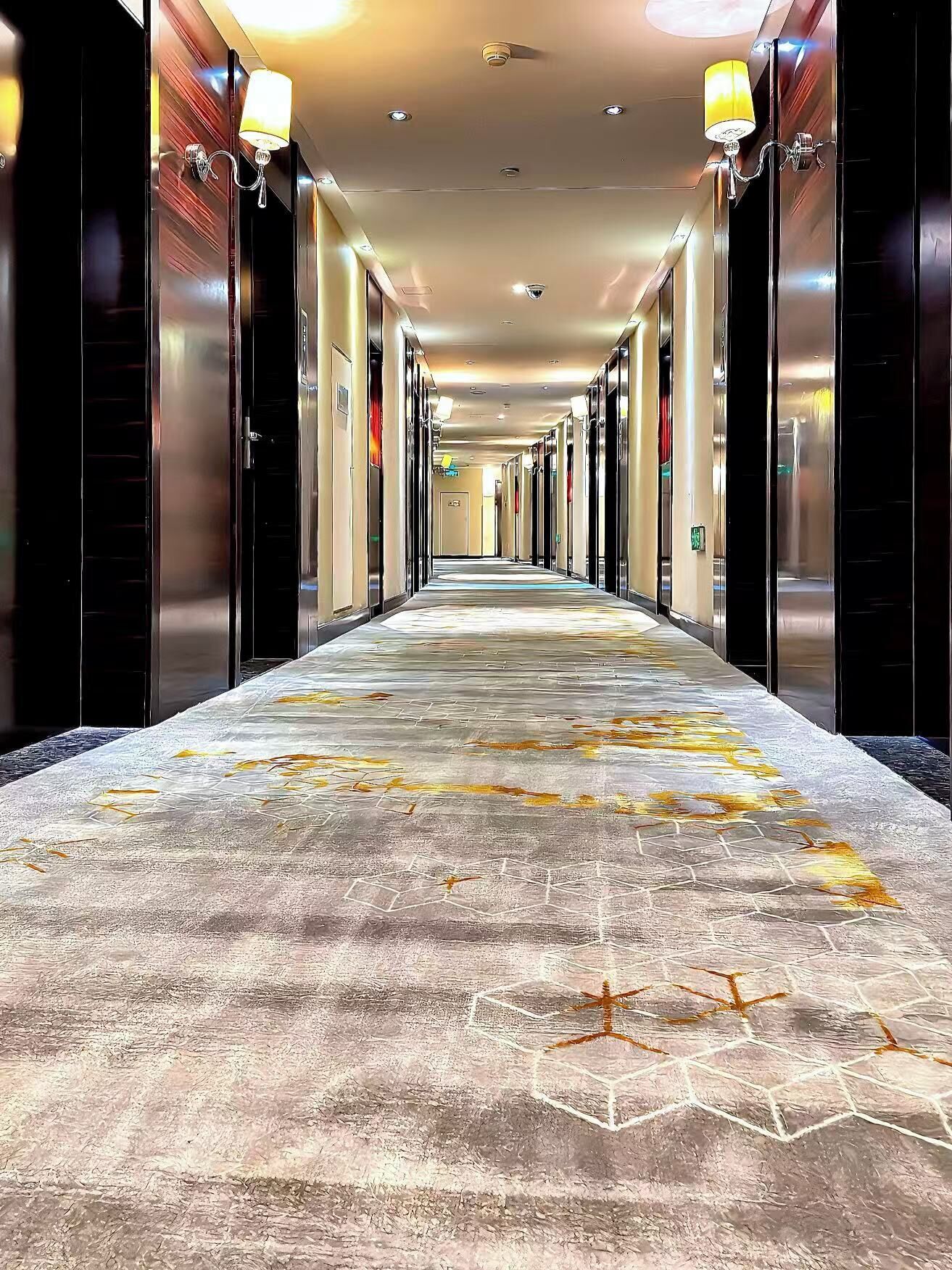 Un pasillo de hotel con alfombra estampada, puertas a ambos lados y lámparas fijadas a la pared.