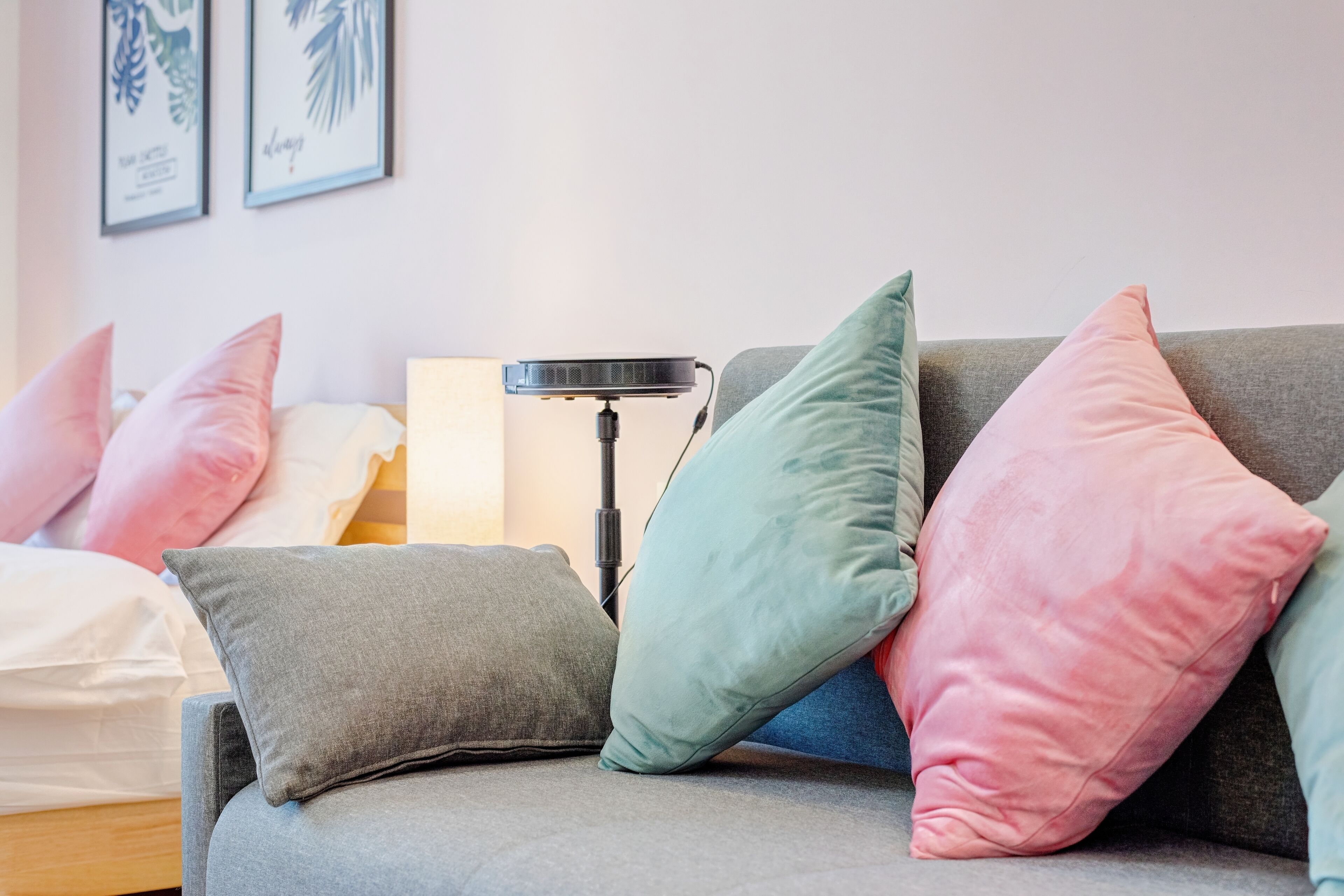 A grey sofa with multiple cushions in shades of pink and green, a standing lamp, and framed artwork on the wall.