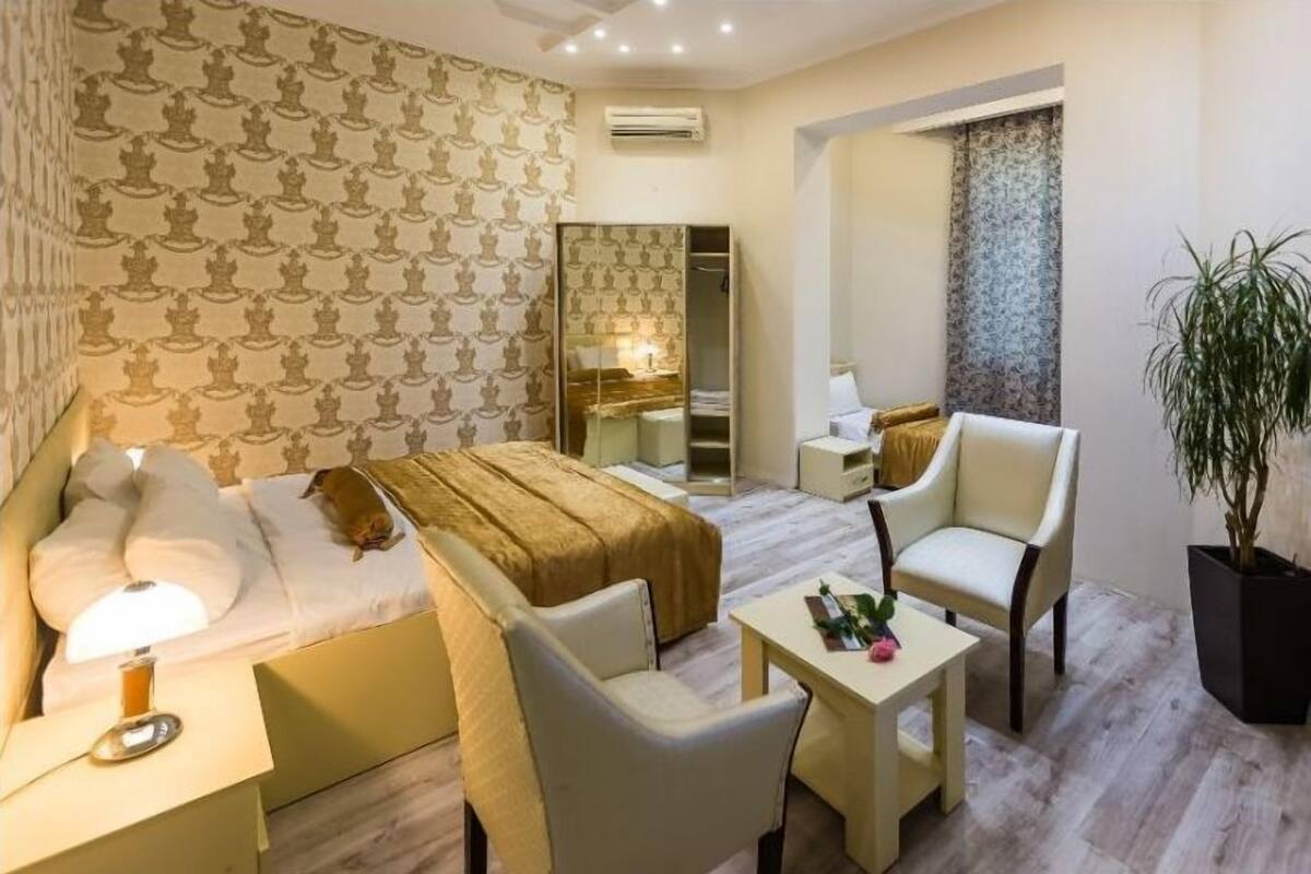 A hotel room with a bed, a desk, a chair, a mirror, a wardrobe, and a potted plant.