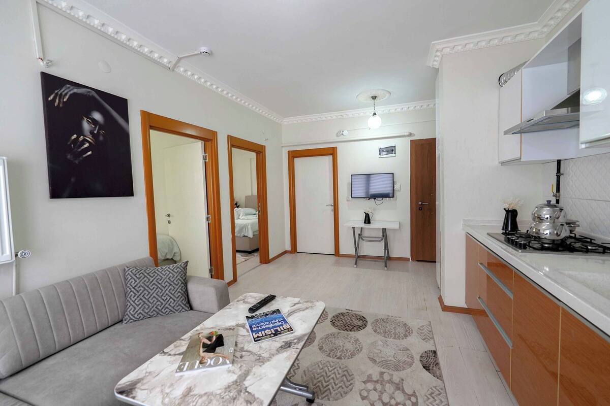 A modern living room with a sofa, a coffee table, and a TV. There is a kitchen with a stove and cabinets.