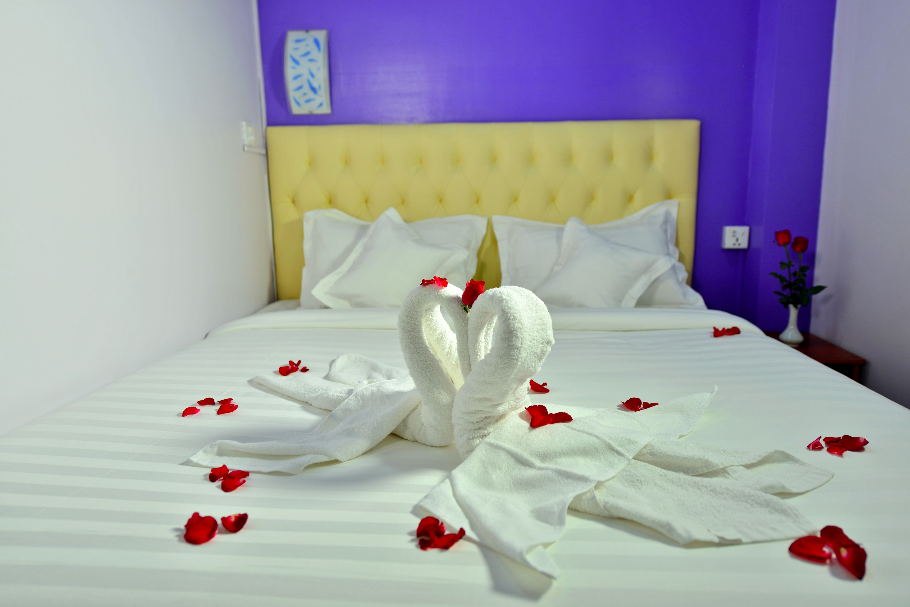 A neatly made bed with white linens and red rose petals scattered across the surface.