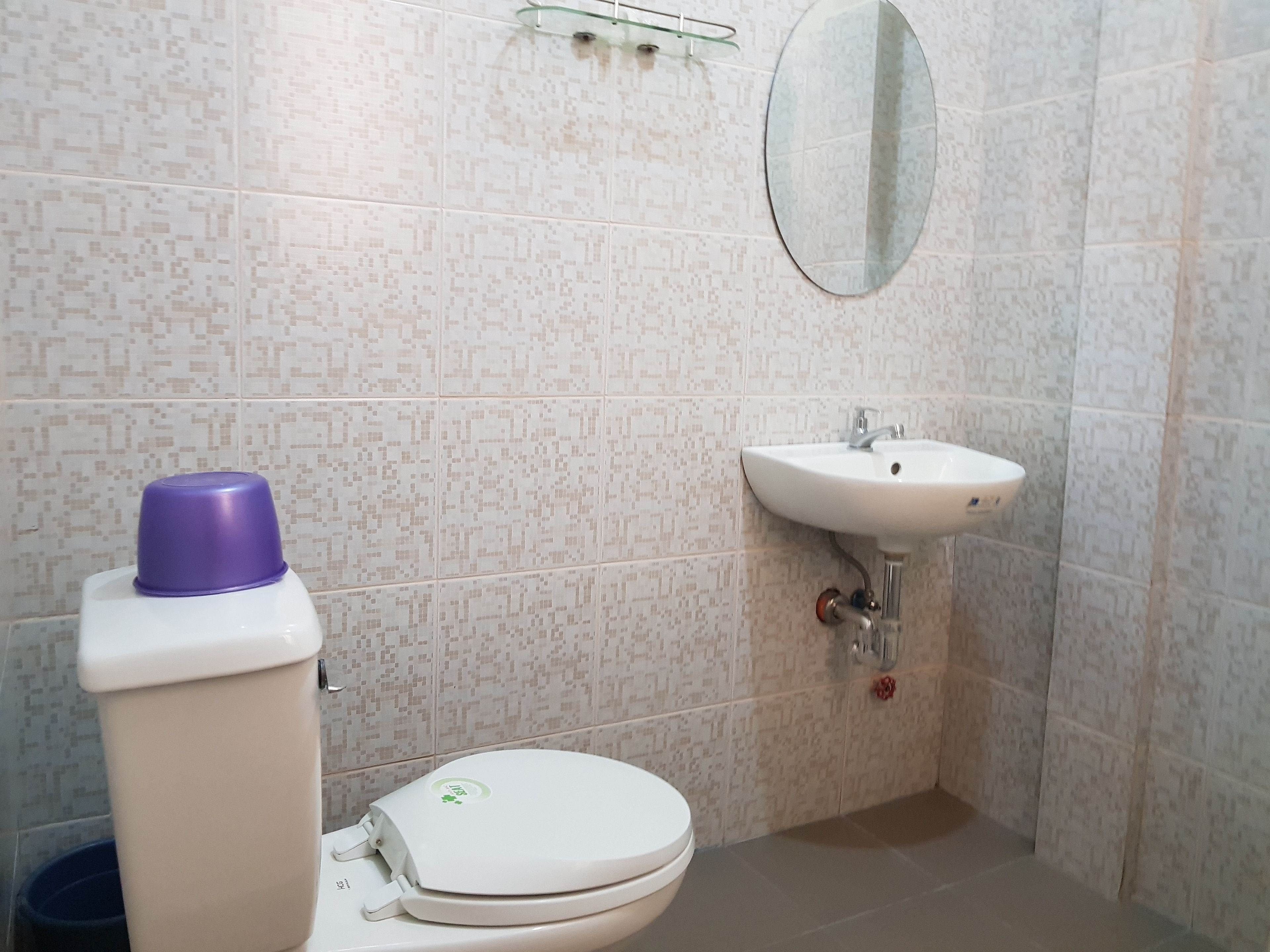 Une salle de bain avec des toilettes, un lavabo et un miroir.