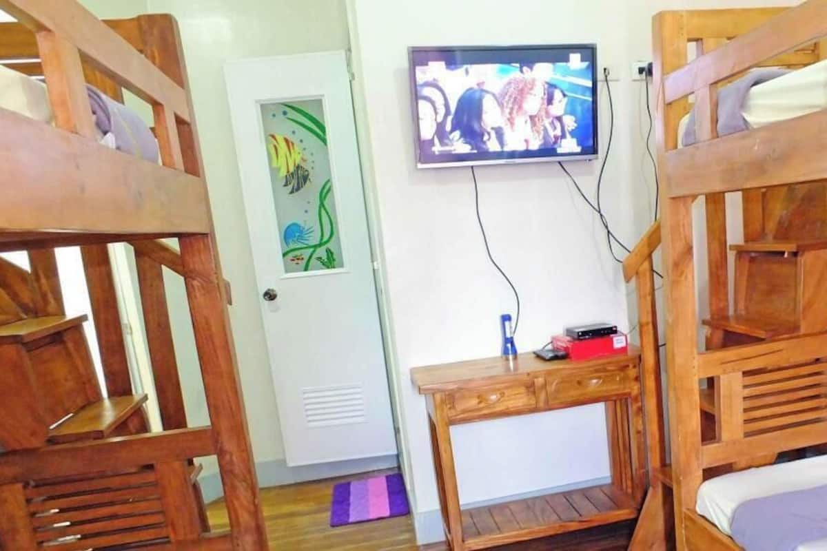 Habitación con literas, televisor, escritorio de madera y una puerta decorada con un cartel colorido.