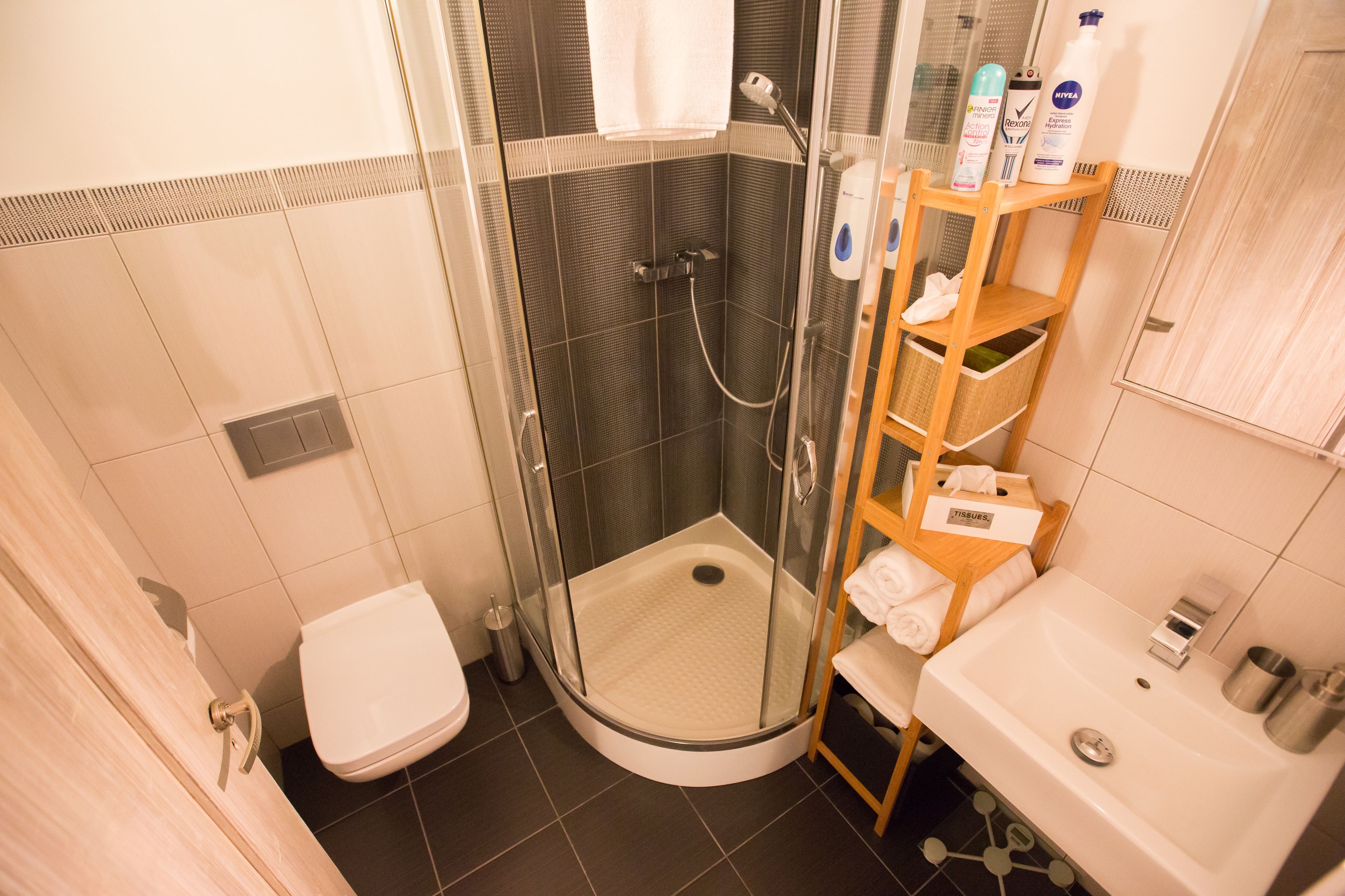 A small, modern bathroom with a glass-enclosed shower, a toilet, and a sink.