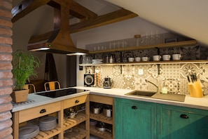 Fridge, microwave, stovetop, espresso maker