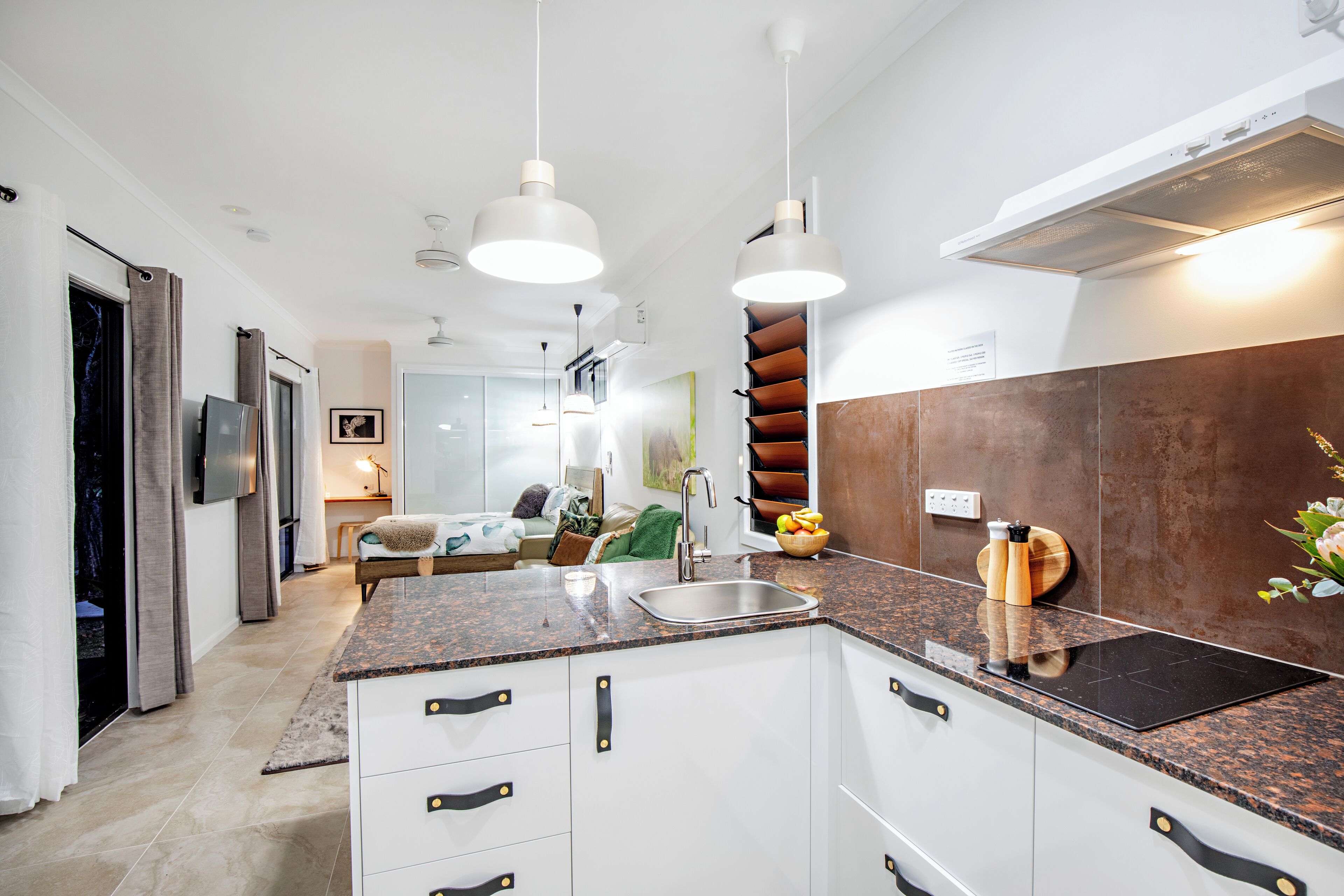 Luxury Cabin | Private kitchen | Full-sized fridge, microwave, stovetop, coffee/tea maker