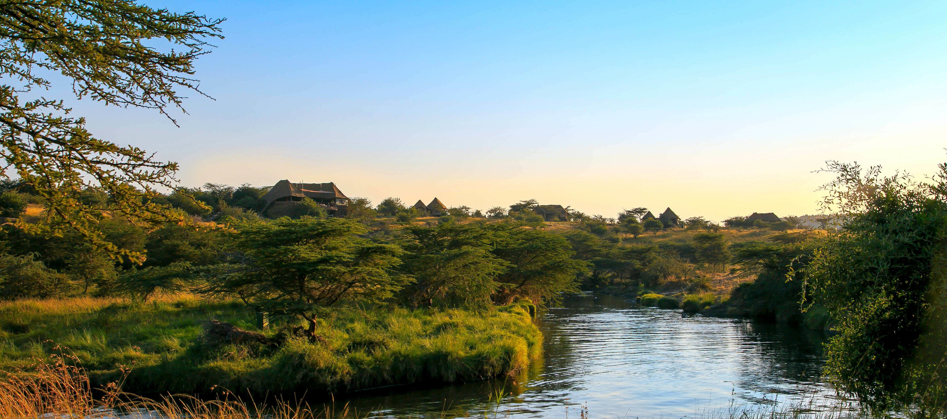 A river flowing through a lush landscape with trees and a building in the background.