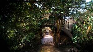 Um arco de pedra que dá passagem a uma área florestal verde e exuberante.