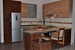 Deluxe Villa | Private kitchen | Fridge, microwave, stovetop, dishwasher