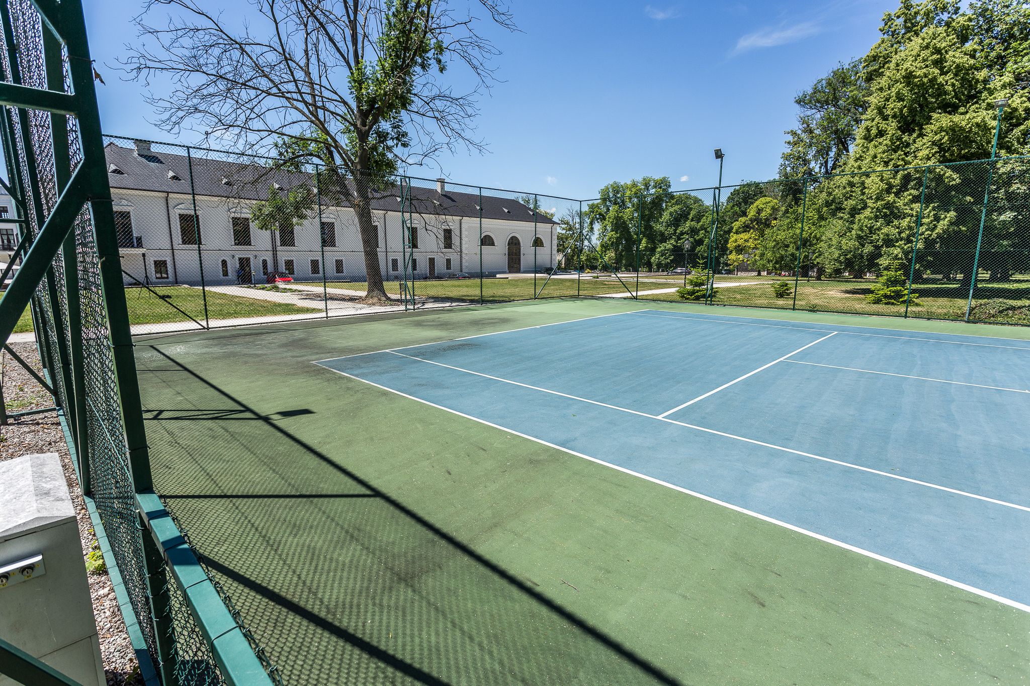 A tennis court with a green fence, a building in the background, and trees around.