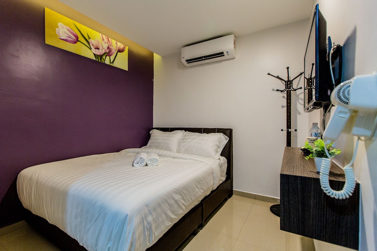 A hotel room with a bed, a wall-mounted air conditioner, a TV, and a hairdryer.