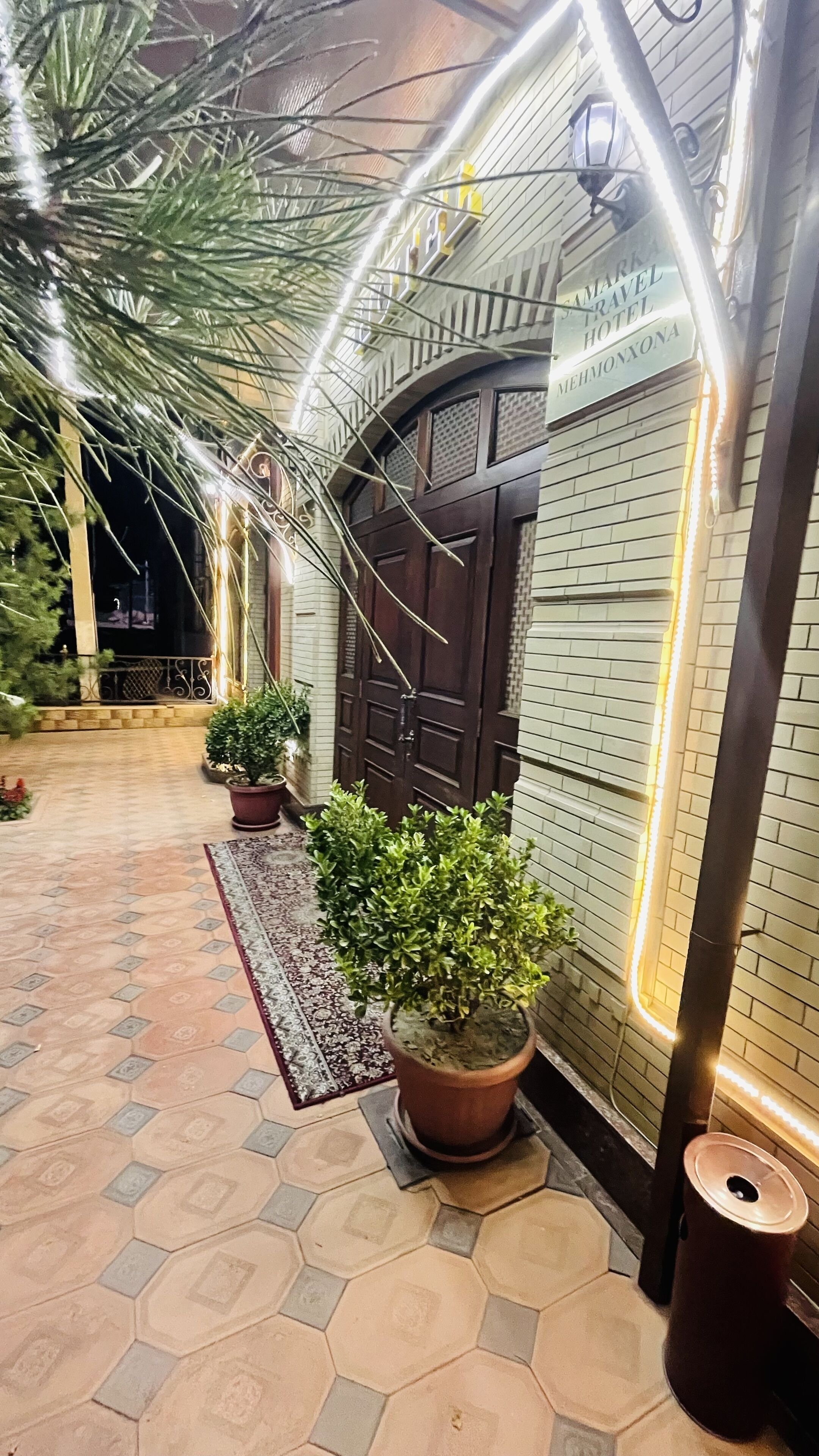 A corridor with a tiled floor, potted plants, and a wooden door.