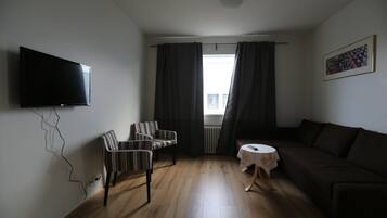 Suite urbana, baño privado | Sala de estar | Televisión de pantalla plana