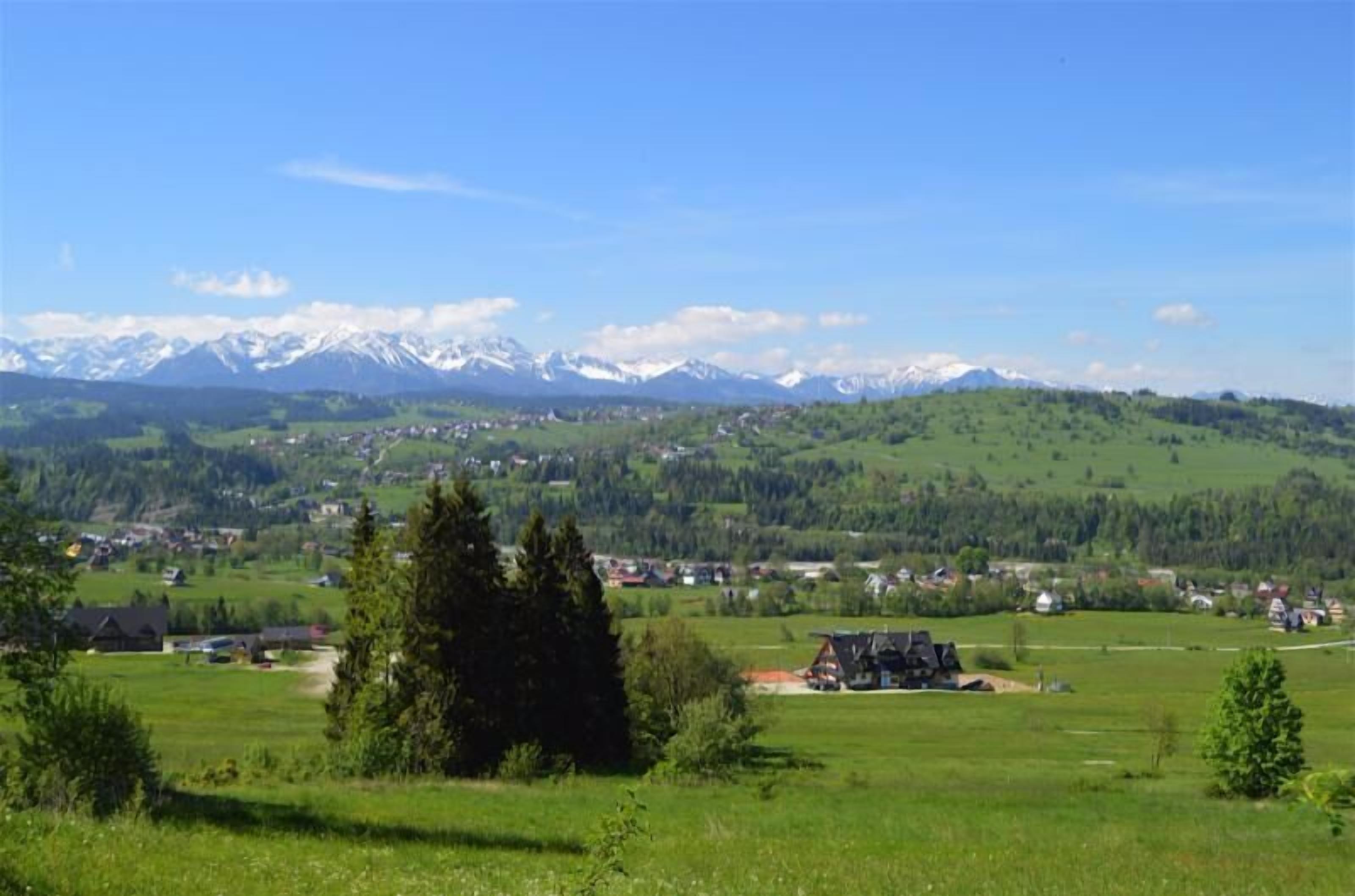 A rural landscape with a small village, green fields, and snow-capped mountains in the background.
