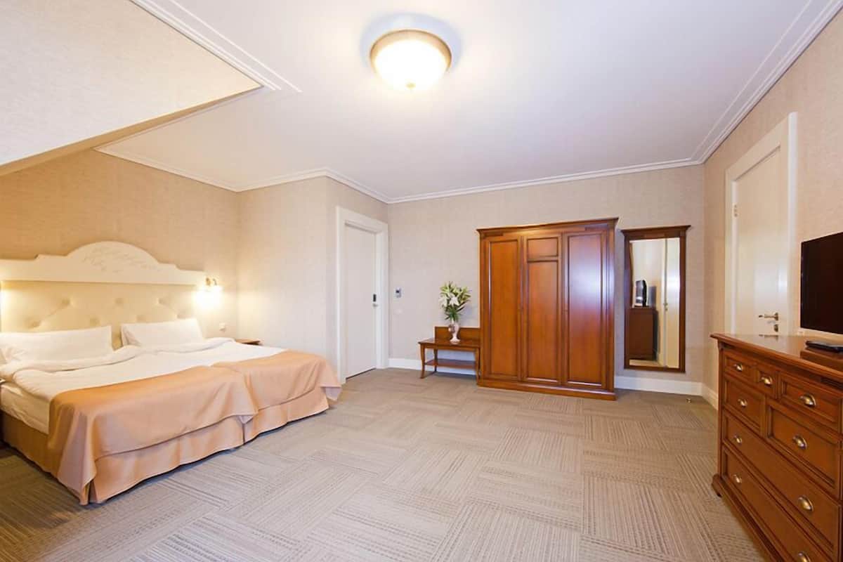 A hotel room with a large bed, a wardrobe, a desk with a lamp, and a television.