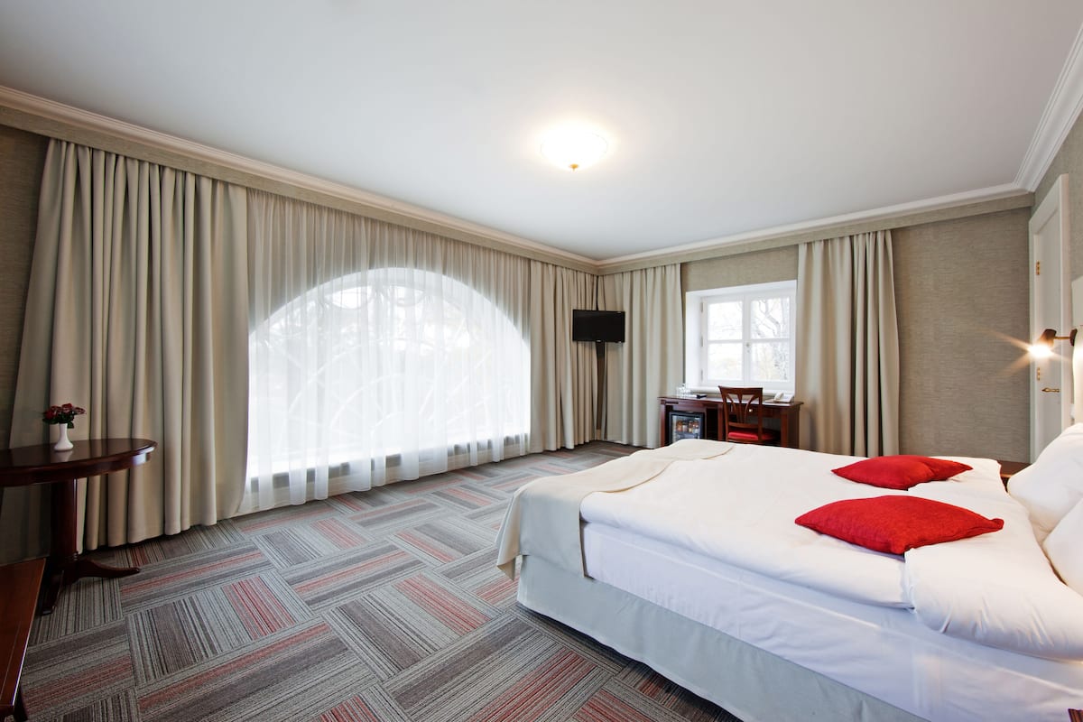 A hotel room with a large bed, a desk, a chair, a TV, and a window with curtains.
