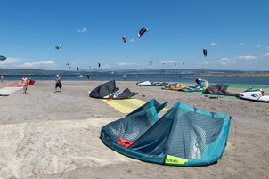 Una playa con muchos cometas y una persona en traje de baño.