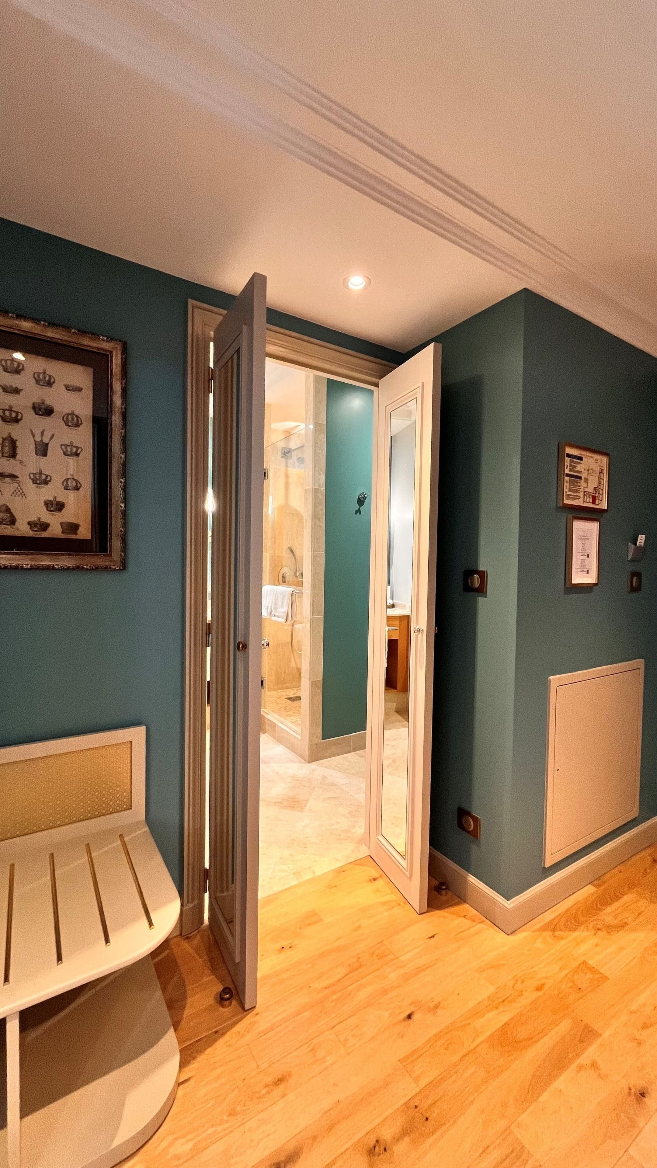 designer toiletries, hair dryer, bathrobes, slippers